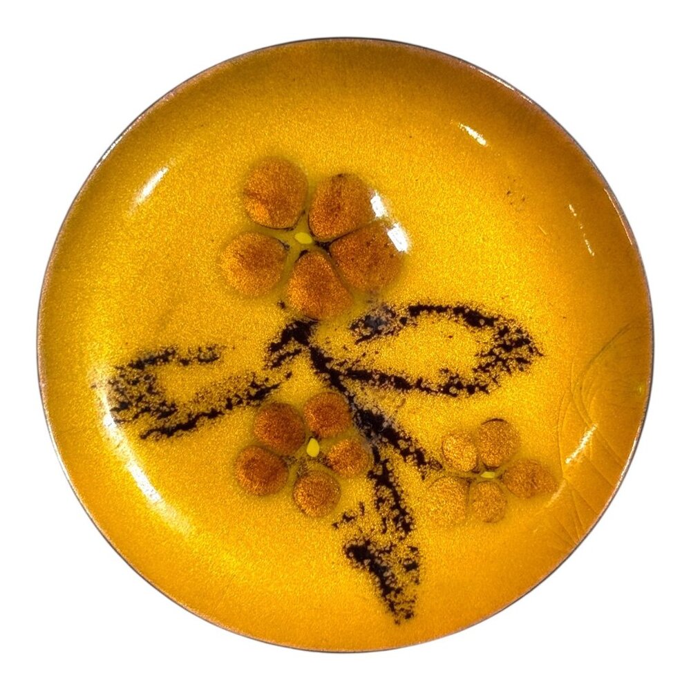 Vintage Bovano Of Cheshire Enamel On Copper Floral Dish MCM Art Yellow Black 3"